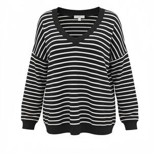 Perfectly Priscilla Black and White Striped V-Neck Sweater - Size Medium
